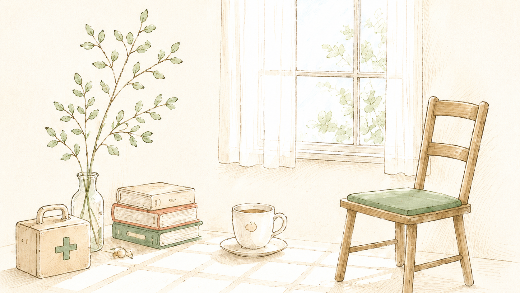 窓辺に置かれた椅子と、本・救急箱・葉のついた枝を活けた花びんのイラスト